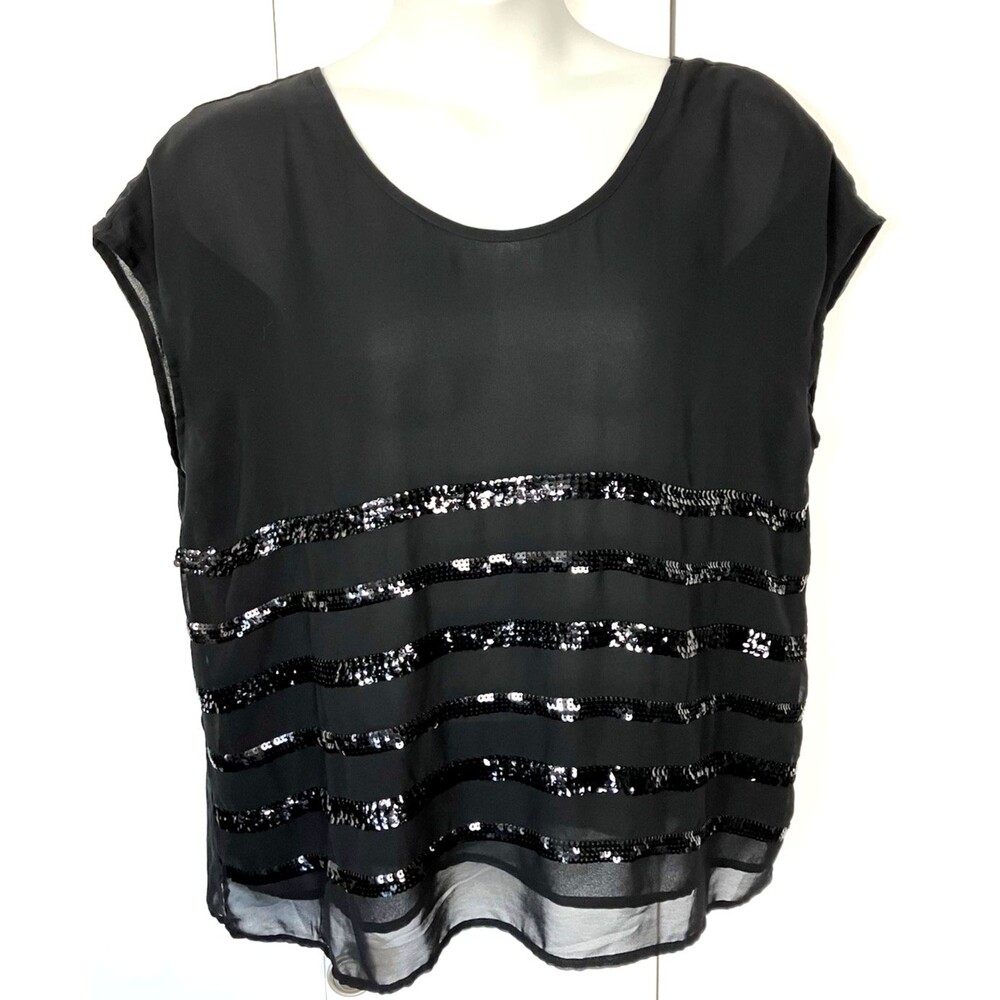 A.N.A. Black Sheer Chiffon Top Sequins Tie Back Size XL